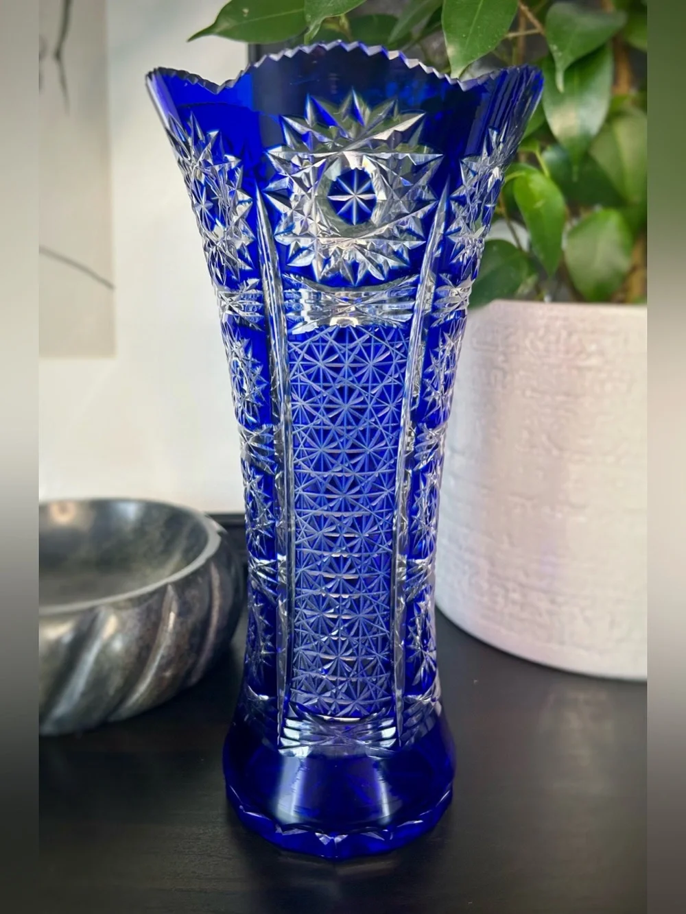 Bohemian Cobalt Blue Cut Crystal Trumpet Vase | Hand-Cut Czech Glass Mid-Century